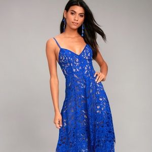 ONE WISH ROYAL BLUE LACE MIDI DRESS LULUS